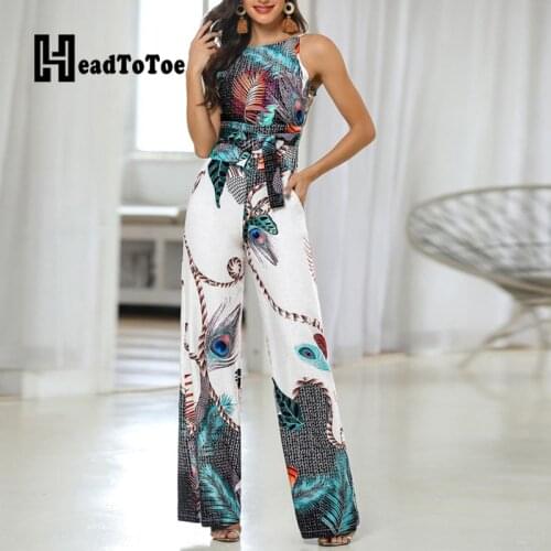 Peacock Print Spaghetti Strap Summer Rompers Women Jumpsuit Sleeveless Pocket Design Wide Leg One Piece Jumpsuits