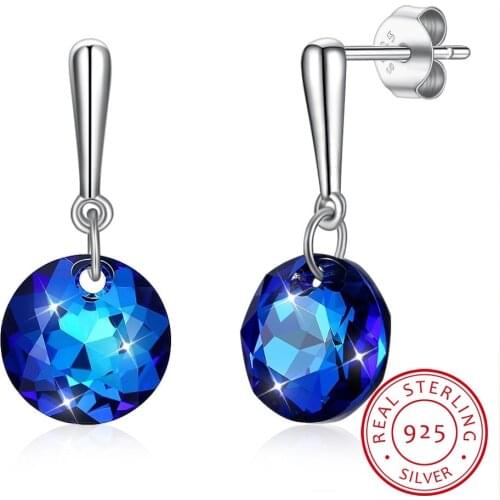 LEKANI Round Blue Crystal Drop Earring Crystals For Women 925 Sterling Silver Fine Jewelry Best Friends Gift