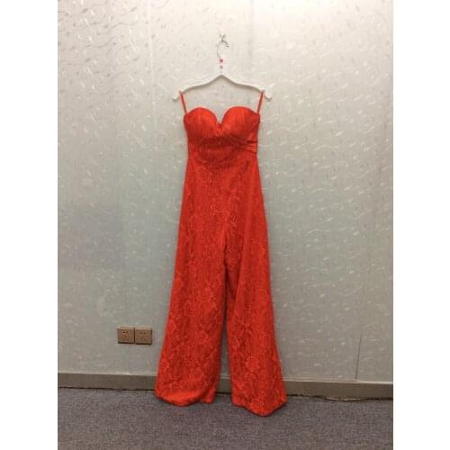 Vintage Long Jumpsuit Gowns Red Lace Evening Dresses Spaghetti Straps Floor Length Zipper Back Formal Party Dresses for Women
