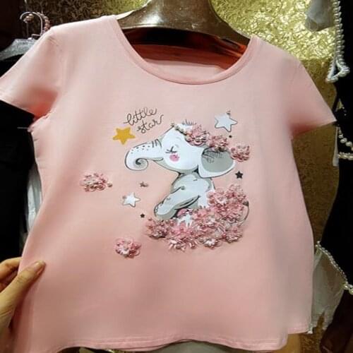 Heavy industry summer beaded pink elephant flower pearl t-shirt women o-neck cotton cotton top tees plus size