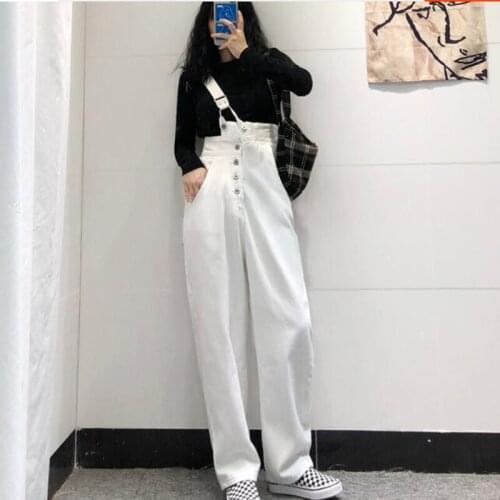 Womens Braces Jeans 2021 Summer New White Fashion Baggy High Waist Overalls Straight Pants Streetwear Casual Denim Trouser
