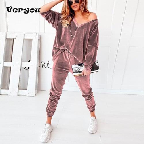 New Women Solid Velvet V-Neck Long Sleeve Simple Casual Suit Spring Autumn Loose Elastic Waist Ladies Sets Drawstring Loungewear