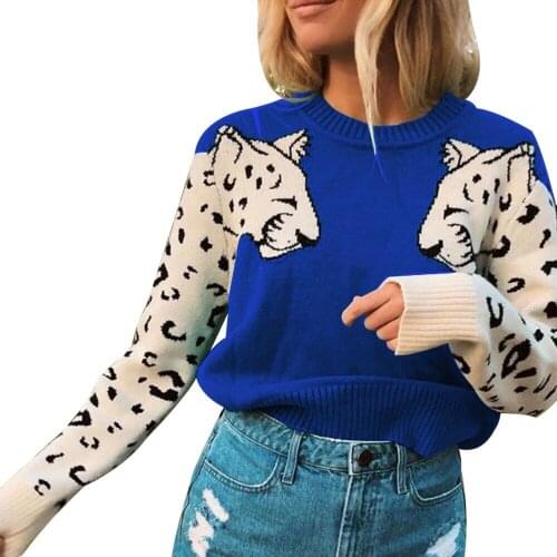 Zuolunouba Fall/winter New Women Wool Sweater Loose Casual Leopard Print Round Neck Knitted Long Sleeve Ladies Pullover Sweater