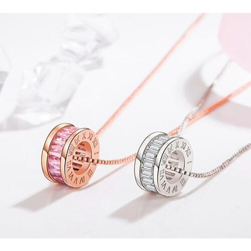 KOFSAC New Fashion Rose Gold Silver Color Necklaces For Women Exquisite Lucky Circle Pink Zircon Pendant Jewelry Lady Gift Joyas
