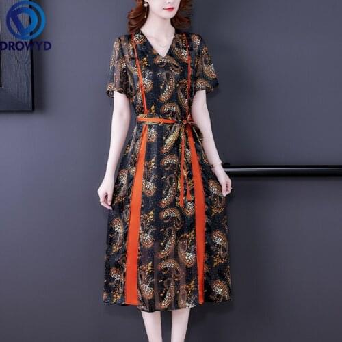 Women Long Dress Summer 2021 New Office Lady Vintage Print Patchwork Loose Belt Short Sleeve Chiffon V-Neck Dresses Traf Robe