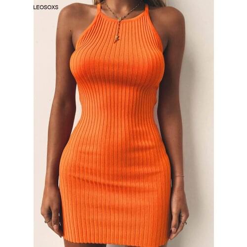 2021 Summer Off Shoulder Sleeveless Suspender Dress Sexy Ribbed Small Suspender Dress Solid Color Knitted Thin Dresses