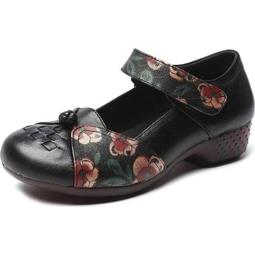 Spring Cowhide Knitting Printing Leather Shoes Women Low Heel Shoes Wedges Heel Shoes Soft Bottom Comfort Mother Fashion Shoes