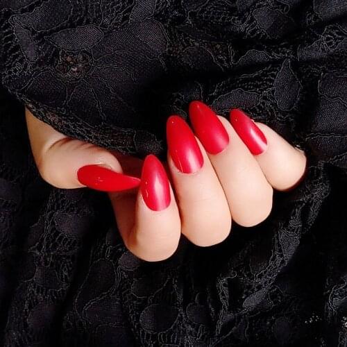 24pcs Solid Color Fake Nail Art 20 Colors Long Sharp Head Red Black Pink Full Cover False Nails Tips with Glue Sticker Wholesale