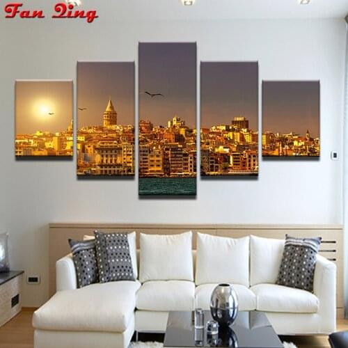 5 Pieces set diamond painting cross stitch Seaside City Sunset Landscape Bird Seagull Diy 3D diamond embroidery Rhinestones