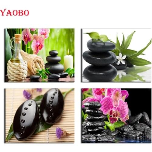 5D DIY Diamond Painting 4 PCS Black Pebble Zen Stone Hot Spring Yoga Diamond Painting Cross Stitch Mosaic Rhinestone Embroidery