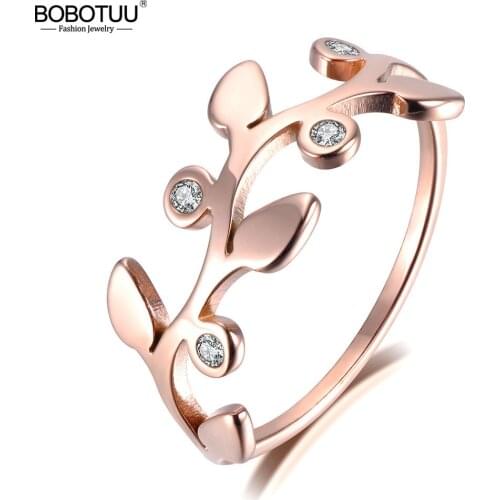 BOBOTUU Original Design Rhinestone Leaves Rose Gold Color Ring Jewelry For Girls Stainless Steel Anniversary Rings Bague BR19005
