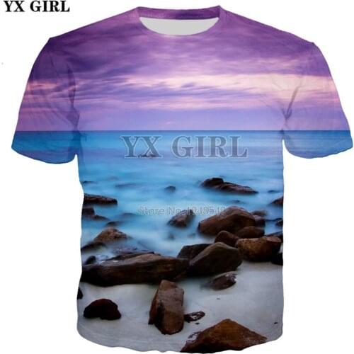 YX GIRL Brand T-shirt 2018 summer New Fashion t shirts nature blue sea and purple sky 3d Print Mens Womens Casual Cool t shirt