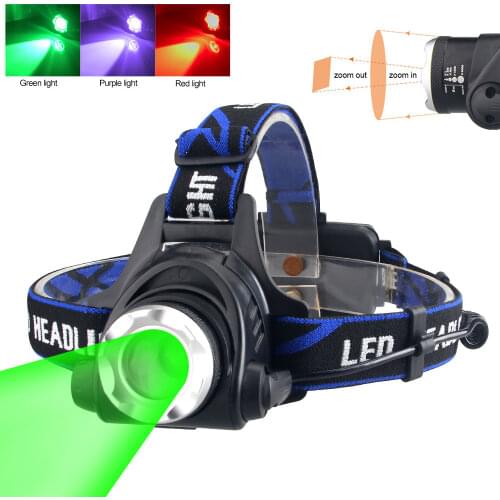 3 Modes White/Red/Green/UV 395nm T6/XPG LED Zoomable Strong USB Charging Headlamp Adjustable LED Fishing Headlight 18650 Battery