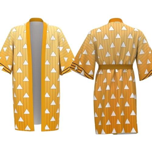 Anime Kids Adult Demon Slayer Agatsuma Zenitsu Cosplay Long Robe Belt Japanese Kimono Cardigan Bath Robe Sleepwear