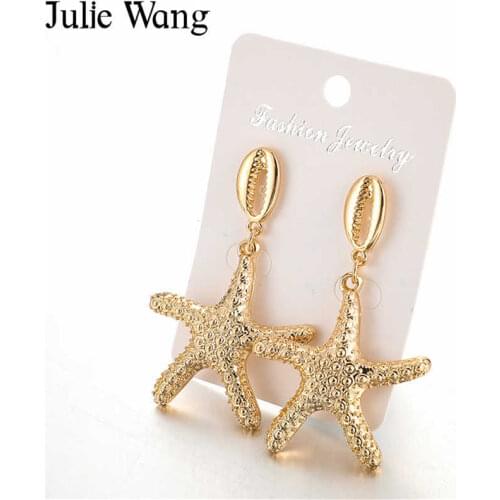 Julie Wang 1 Pair Gold Starfish Shell Stud Earring Sea Beach Summer Cute Fashion Women Girl Earrings Jewelry