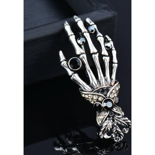 KIOOZOL Punk Style Skull Hand Bone Micro Inlaid Cubic Zirconia Gold Silver Color Brooch For Women Vintage Jewelry Gifts 159 KO3