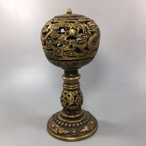 Chinese Old Copper Collection Pure Copper Two dragon Play beads incense burner