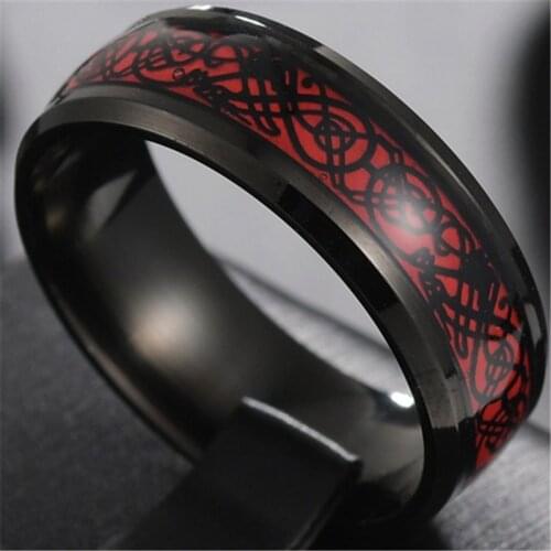 8mm Wide Women Men Ring Red Black Dragon Inlay Stainless Steel Rings Charm Male Jewelry Party Wedding Boyfriend Boy Gift