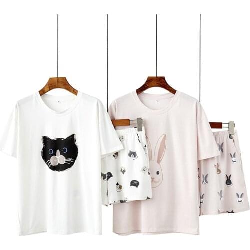 Summer Modal Pajamas Women Short-sleeved Shorts Suit for Homewear Cartoon Cat Rabbit Printed Loose Round Neck Sweet Home Clothes