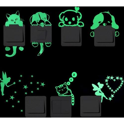 Cartoon Luminous Switch Sticker Glow in the Dark Wall Stickers Home Decor Kids Room Decoration Sticker Decal Cat Fairy Moon Star