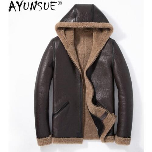 AYUNSUE Winter Jacket Men Clothing Genuine Sheep Shearling Fur Coat Hooded Parka Real Sheepskin Leather Jackets Jaqueta LXR784
