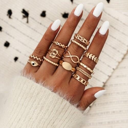 Bohemian Rings Serpentine Demon Eye Star Geometry Chain Gold Color Alloy Ring Set Personality Lady Wedding Jewelry