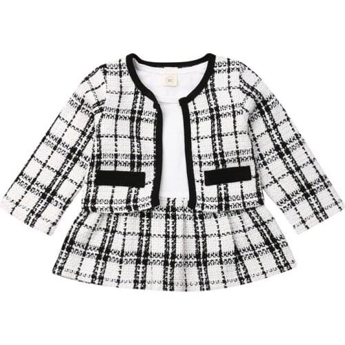Toddler Baby Kids Girls New Fashion Clothes Plaids Coat Tops+Dress Party Autumn Spring Formal Outfits Two-piece Sweet Babe 1-6Y