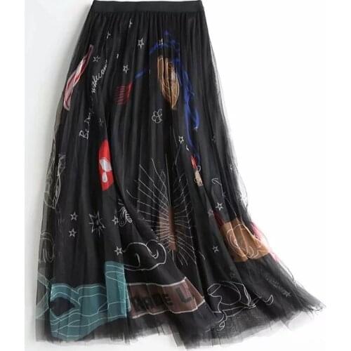 New Arrival Graffiti Long Tulle Mesh Skirt WF0091 Print Elastic Waist Black White Pink Women Ladies Beach Summer Skirt Plus Size
