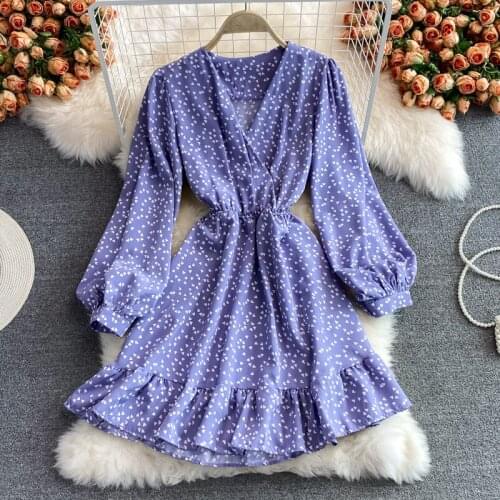 Super Womens Dress Sweet V-neck Print Long Sleeve Dresses Female Slim High Waist Mini A-line Vestidos Fashion Tide Robe 2021