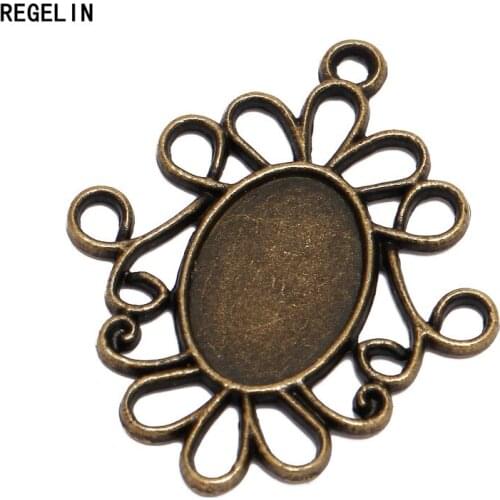 REGELIN 20pcs Inside 14*10 mm Vintage Antique Bronze pendant Cabochon blank alloy base setting Oval Glass tray for DIY Making