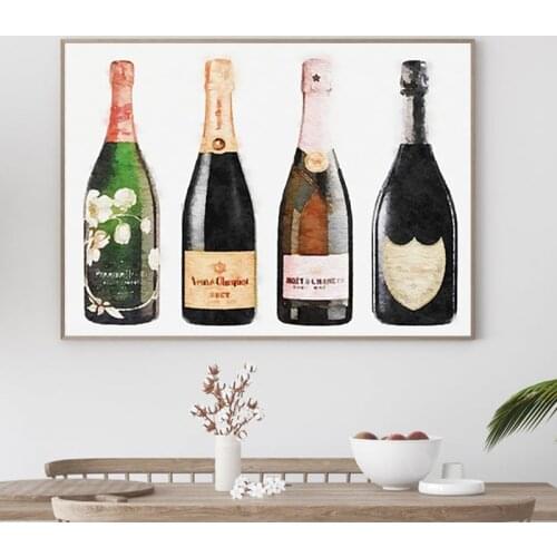 Champagne Bottles Abstract Watercolor Painting Gift for Women Bridal Shower Celebration Party Decoration Pictures Canvas Prints