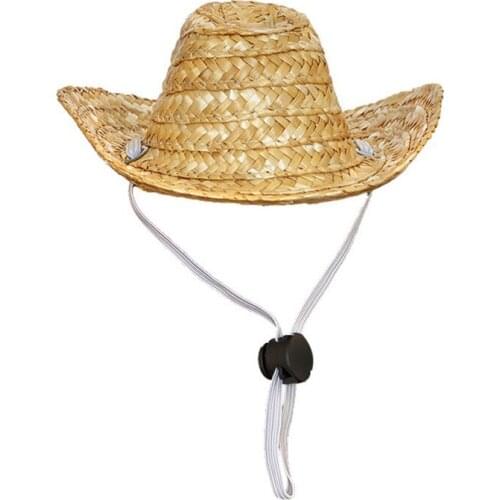 Pet Woven Straw Hat For Cat Sun Hat Sombrero For Small Dogs Pets Beach Party Straw Costume Accessories Western Cowboy Style
