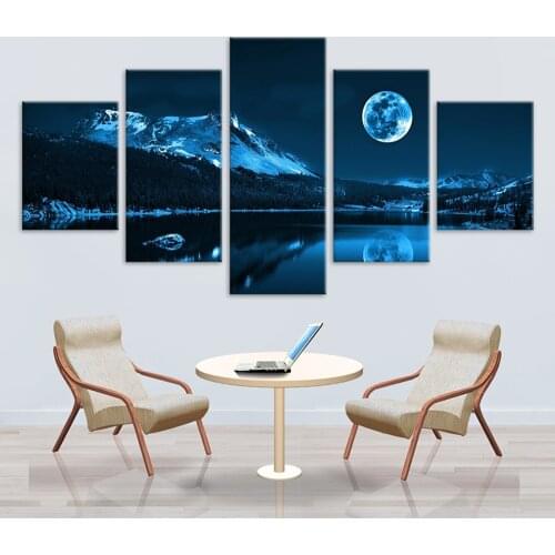 Modern Wall Art Home Decoration Modular Pictures Canvas 5 Pieces Abstract Blue Moon Night Scene Paintings HD Printing Framework