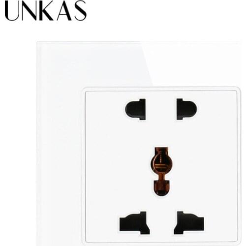UNKAS AC 110~250V wall outlet switch Universal 5 Hole Outlet Luxury 13A Wall Power Socket White Crystal Glass Panel