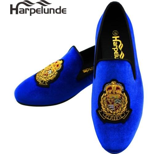 Harpelunde Blue Velvet Loafers Classic Bullion Mens Shoes Large Sizes