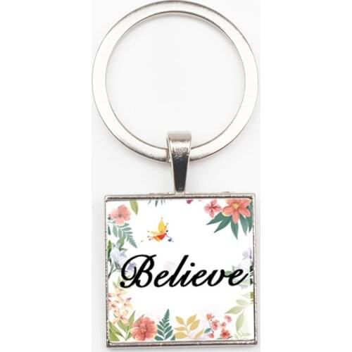 New Faith Dream Love Hope Believe Vintage Art Text Key Ring Glass Square Pendant Keychain Men and Women Favorite Souvenir Gift