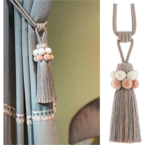 2Pcs Pompon Curtain Tiebacks Brush Tassels Fringe Hanging Belts Balls Bind Ropes Straps Curtain Accessories Tie back