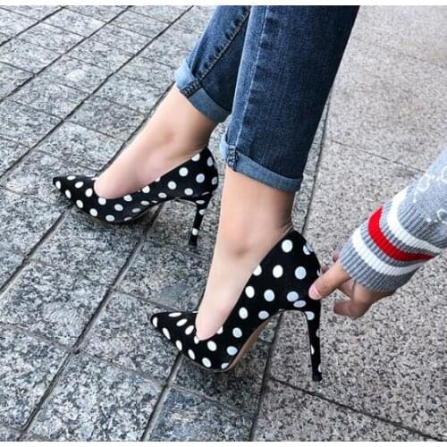 Moraima Snc Polka Dots High Heel Shoes Woman Sexy Pointed Toe 10cm Thin Heels Pumps Shallow Slip On Stietto Heels Black White