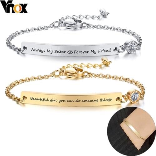 Vnox Custom Women Bracelet Stainless Steel Link Chain with AAA CZ Stone Heart Charm Adjustable Elegant Party Name Jewelry