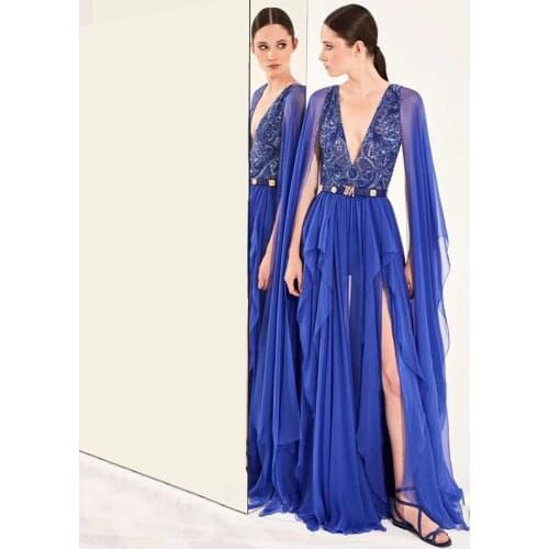 Blue Long Dress Deep V Neck Sequined 2021 New Sexy Womens Dress Celebrity Party Dress Ruffle Design