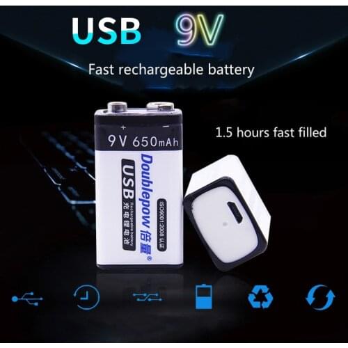 1 pcs. 9V original Doublepow USB battery 6F22 9V 650 mAh wireless microphone KTV tool using smart battery
