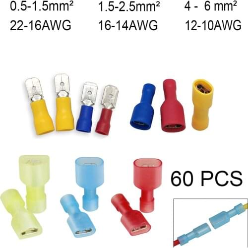 60Pcs Car Accessories Spade Terminal Connector Wire Butt Splice Terminals for Wire Crimp Connector Assortment Terminator