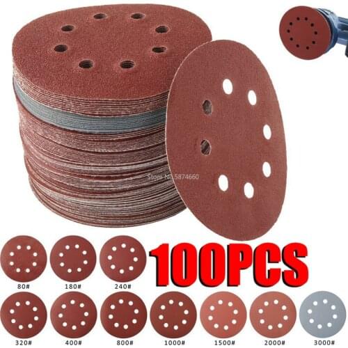 100/50pcs 125mm Sandpaper Round Shape Sanding Discs Hook Loop Sanding Paper Buffing Sheet Sandpaper 8 Hole Sander Polishing Pad