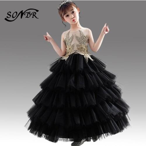 Black Flower Girl Dresses HT095 Sleeveless Tank Pricess Ball Gowns Embroidery Lace Up Kids First Communion Party Decorations