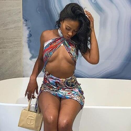 DSMTRC Mini Bodycon Dresses Backless Printed Mesh Cut Out Halter Dress Sexy Hot Drawstring Night Clubwear Criss Cross Women