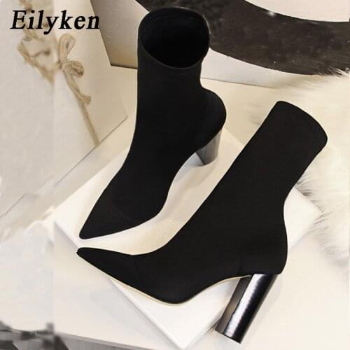 Eilyken Quality Crystal High Heel Pointed Toe Ankle Boots 2021 New Winter Socks Shoes Fashion Women Booties Size 34-40