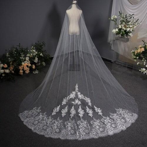 Real Photos Long Lace Appliques Wedding Veil White Ivory Cathedral Bridal Veil 3.5 Meters Bride Veil Wedding Accessories 2021