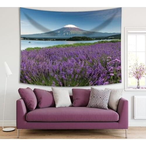 Tapestry Mount Fuji Lacquer kawaguchiko and Lavenders Summer Nature Japan Landmark Countryside View Blue Purple Green