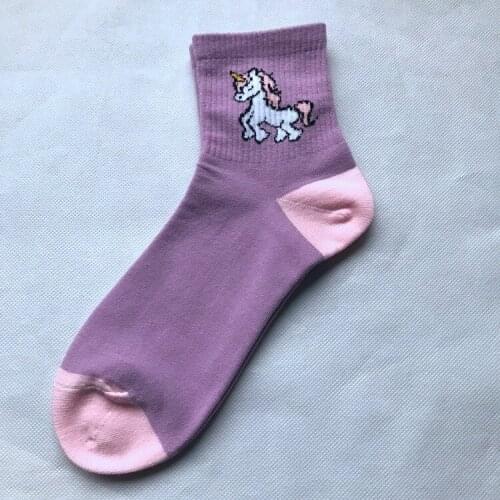 Adult Size Mid Calf Crew Medium Cotton Short Socks Running Unicorn Head Body Rainbow Horse Lavender Violet Purple Birthday Gift