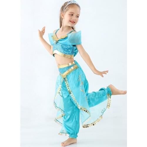 Halloween Girls Aladdin Jasmine Costume Child Arabian Green Princess Clothing Set Kids Jasmine Necklace Earring Headwear Cosplay